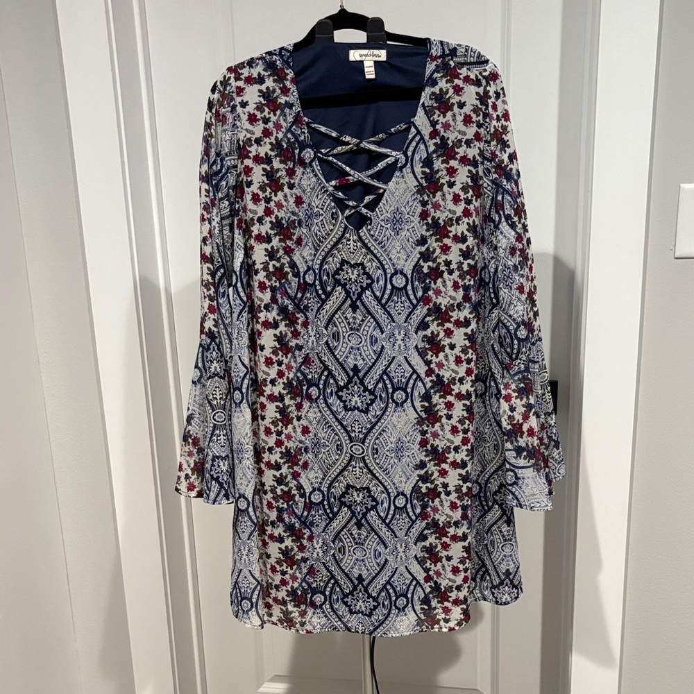 Speechless Navy and Burgundy Patterned Long Sleeve Dress